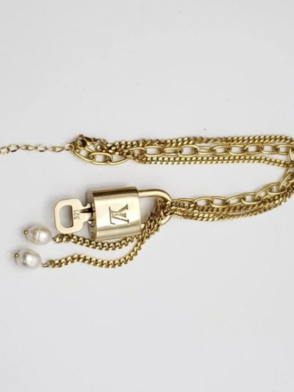 Stainless Steel Gold-Plated Necklace with Authentic Louis Vuitton Padlock